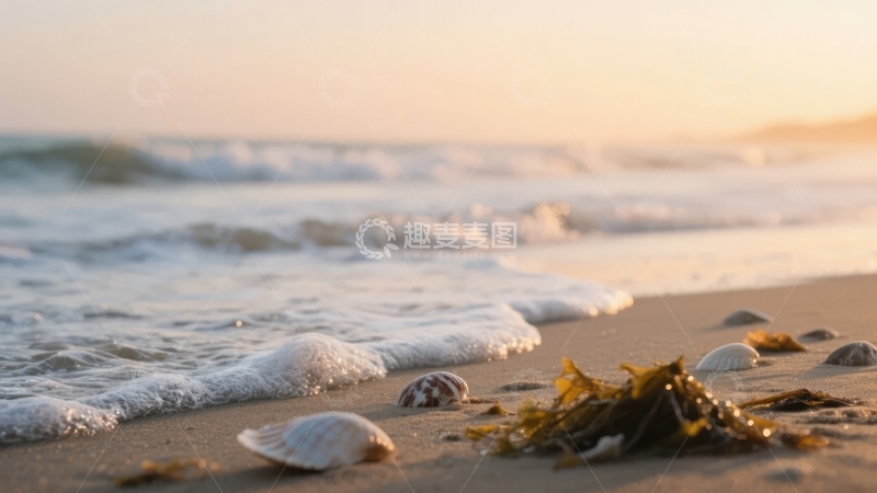 高清大图下载【趣麦麦图】海滩夕阳下的海浪与贝壳