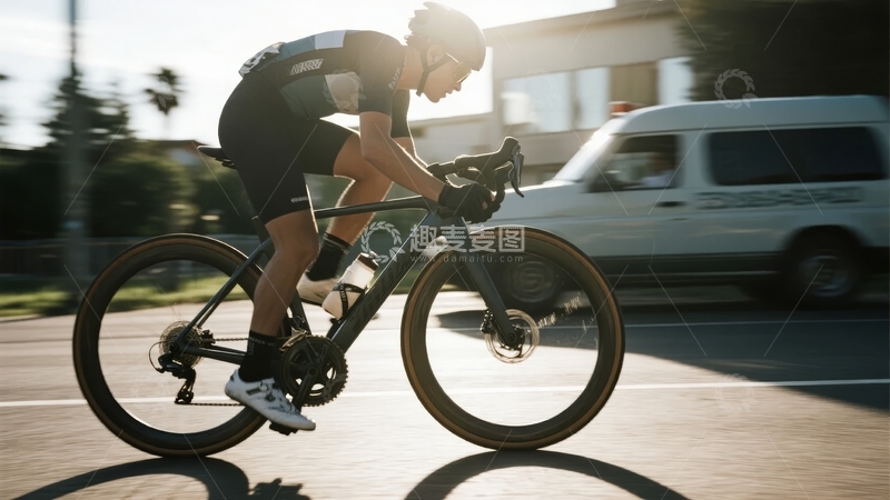 高清大图下载【趣麦麦图】骑行者在阳光下骑着公路自行车
