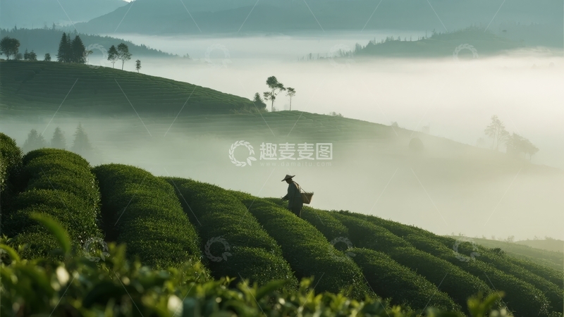 高清大图下载【趣麦麦图】晨雾笼罩的茶园中一人劳作