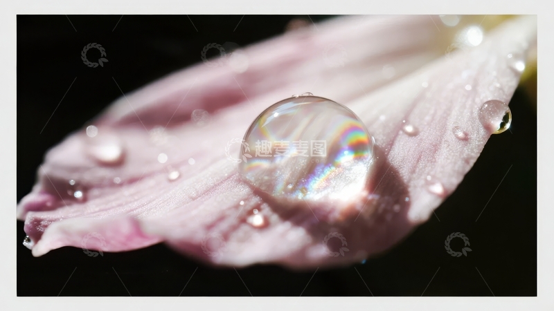高清大图下载【趣麦麦图】花瓣上的水滴在黑暗背景中反射出彩虹光芒