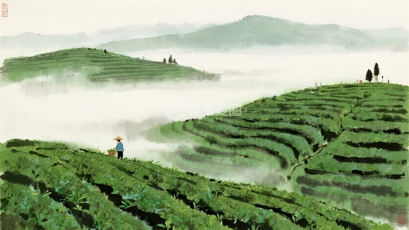高清大图下载【趣麦麦图】云雾缭绕的茶园中茶农采茶