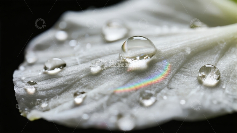 高清大图下载【趣麦麦图】花瓣上的水滴折射出彩虹光晕
