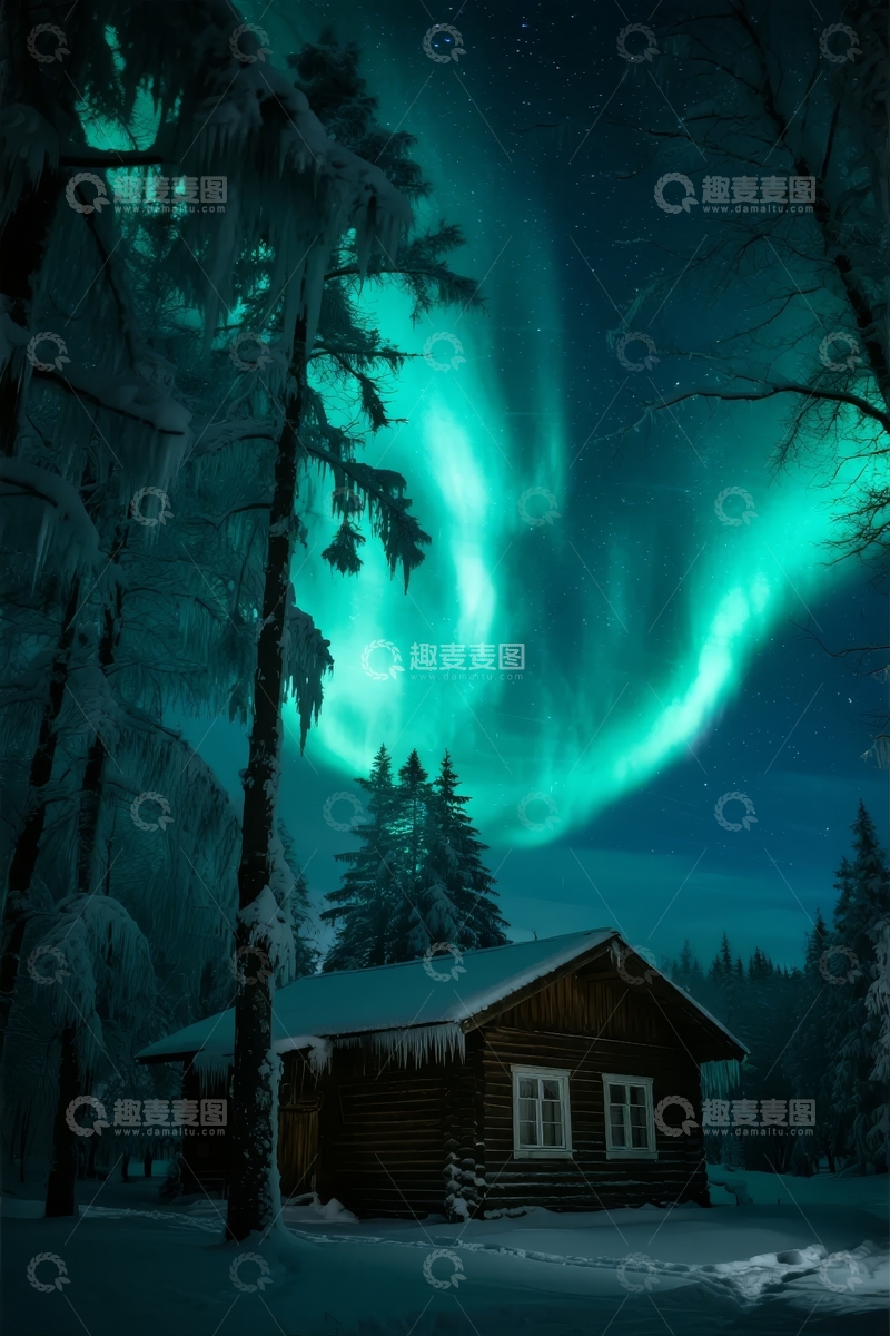 高清大图下载【趣麦麦图】雪夜木屋旁极光闪耀星空璀璨