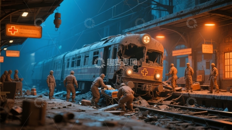 高清大图下载【趣麦麦图】夜晚车站内破损列车与人员活动场景