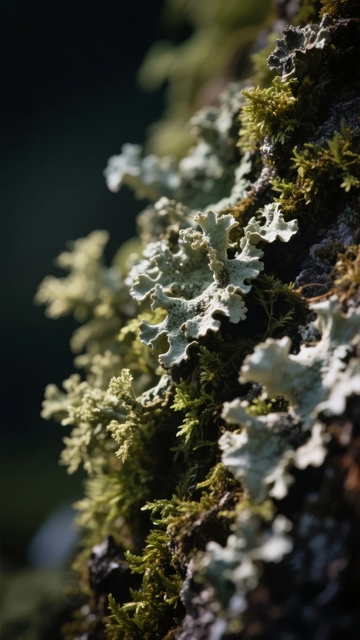 树干上生长的苔藓和地衣细节特写