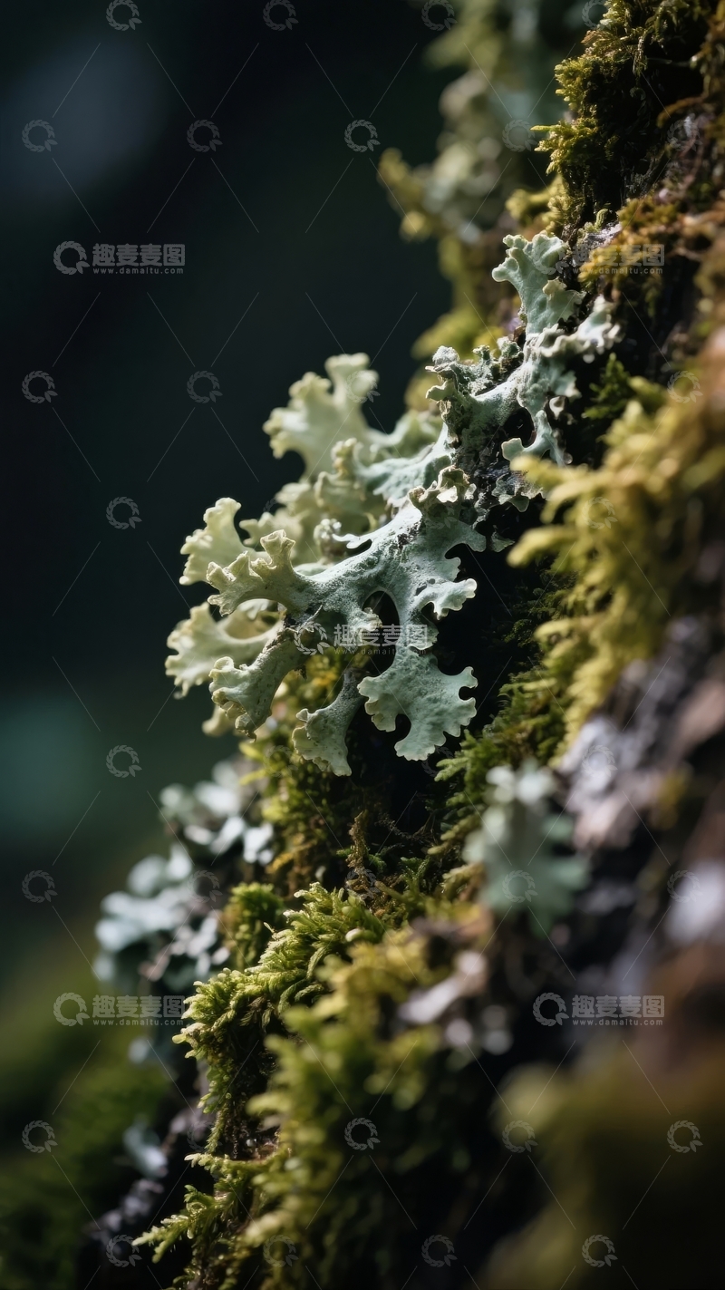 高清大图下载【趣麦麦图】树干上的苔藓与地衣在自然光下展现出细腻纹理