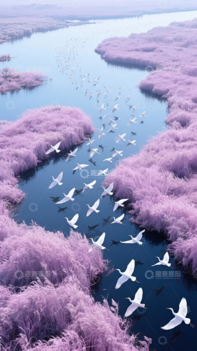 高清大图下载【趣麦麦图】鸟群飞越紫色植被与蓝色水域的空中美景
