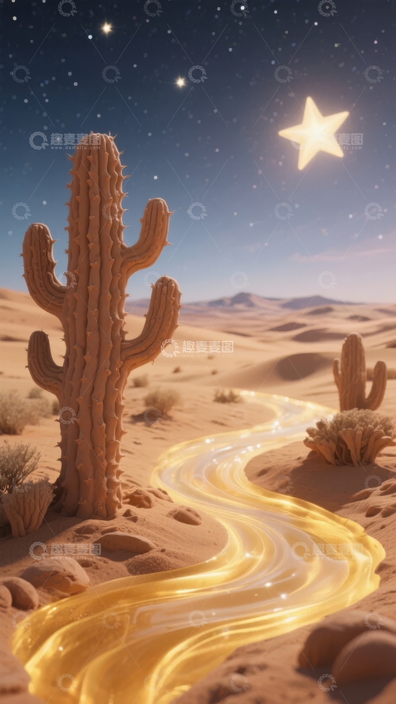 高清大图下载【趣麦麦图】沙漠夜空下的仙人掌与星光小径