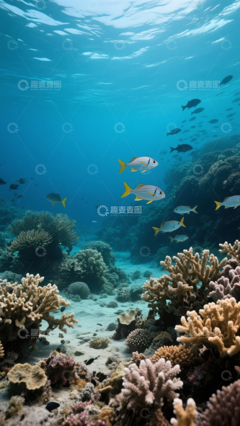 高清大图下载【趣麦麦图】色彩斑斓的海底珊瑚礁与游弋的鱼群