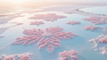 空中俯瞰粉色盐花在蓝色水域中绽放