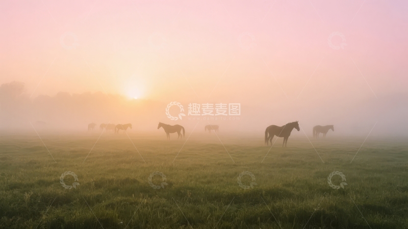 高清大图下载【趣麦麦图】日出时分雾气笼罩的草地上马群漫步
