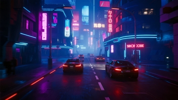 霓虹灯闪烁的未来城市街道夜景