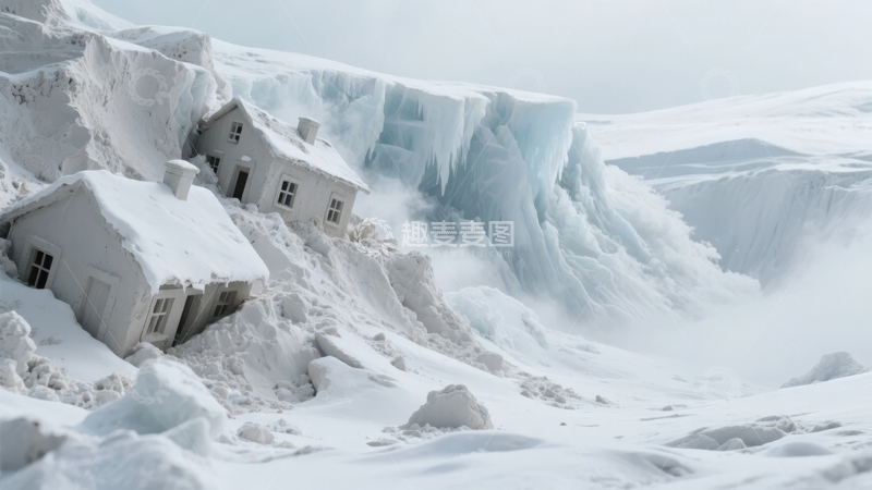高清大图下载【趣麦麦图】-被积雪覆盖的房屋与冰川景观
