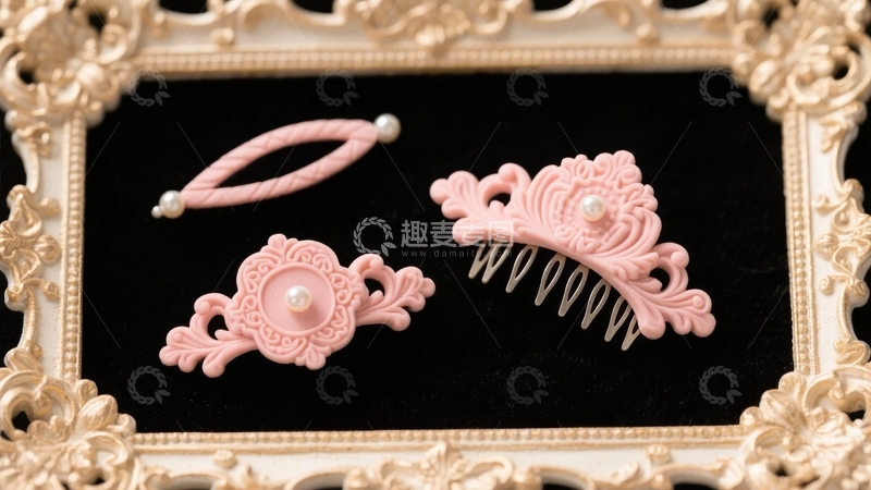 高清大图下载【趣麦麦图】粉色装饰发饰置于金色雕花相框内