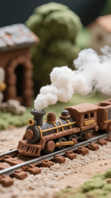 微型蒸汽火车模型喷出白色烟雾