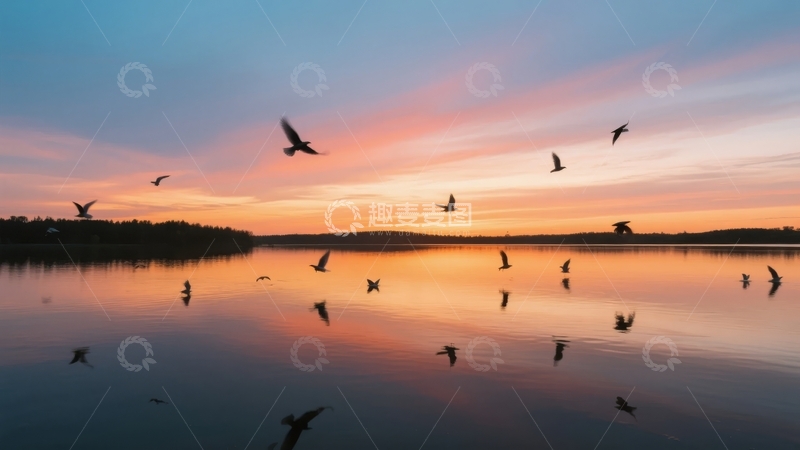 高清大图下载【趣麦麦图】日落时分湖面上飞翔的鸟群与绚丽天空