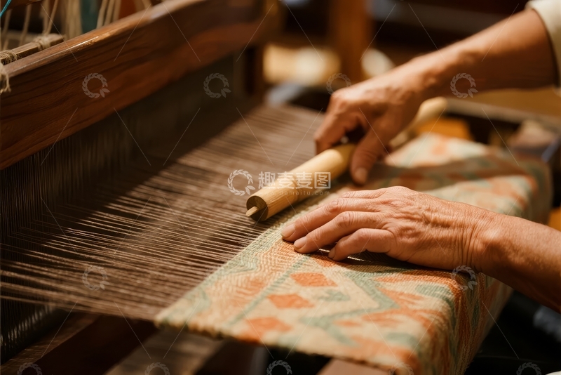 高清大图下载【趣麦麦图】手工艺人使用织布机编织图案布料