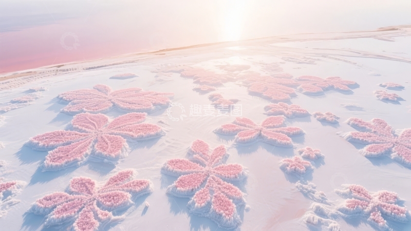 高清大图下载【趣麦麦图】雪地上的粉色雪花图案在阳光下闪耀