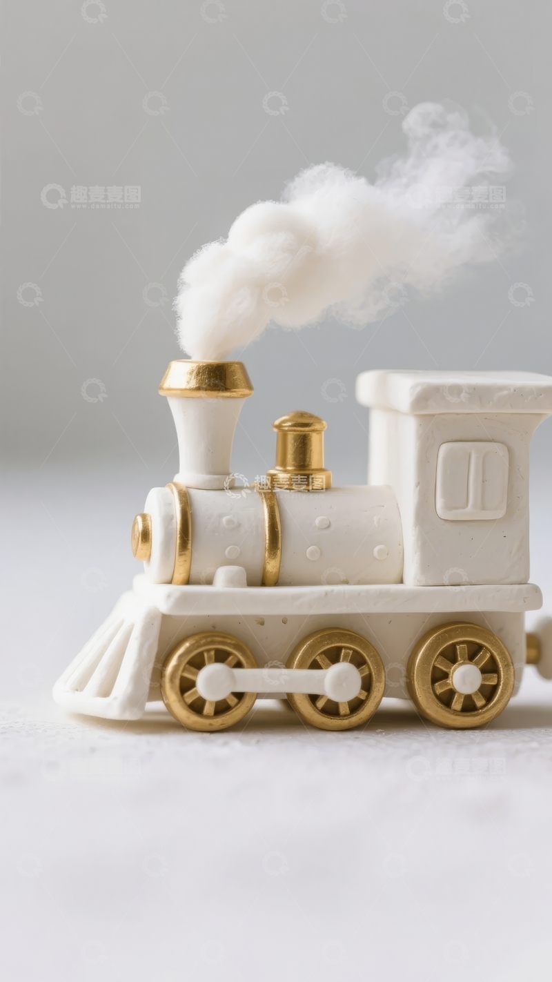 高清大图下载【趣麦麦图】白色陶瓷蒸汽火车模型喷出烟雾
