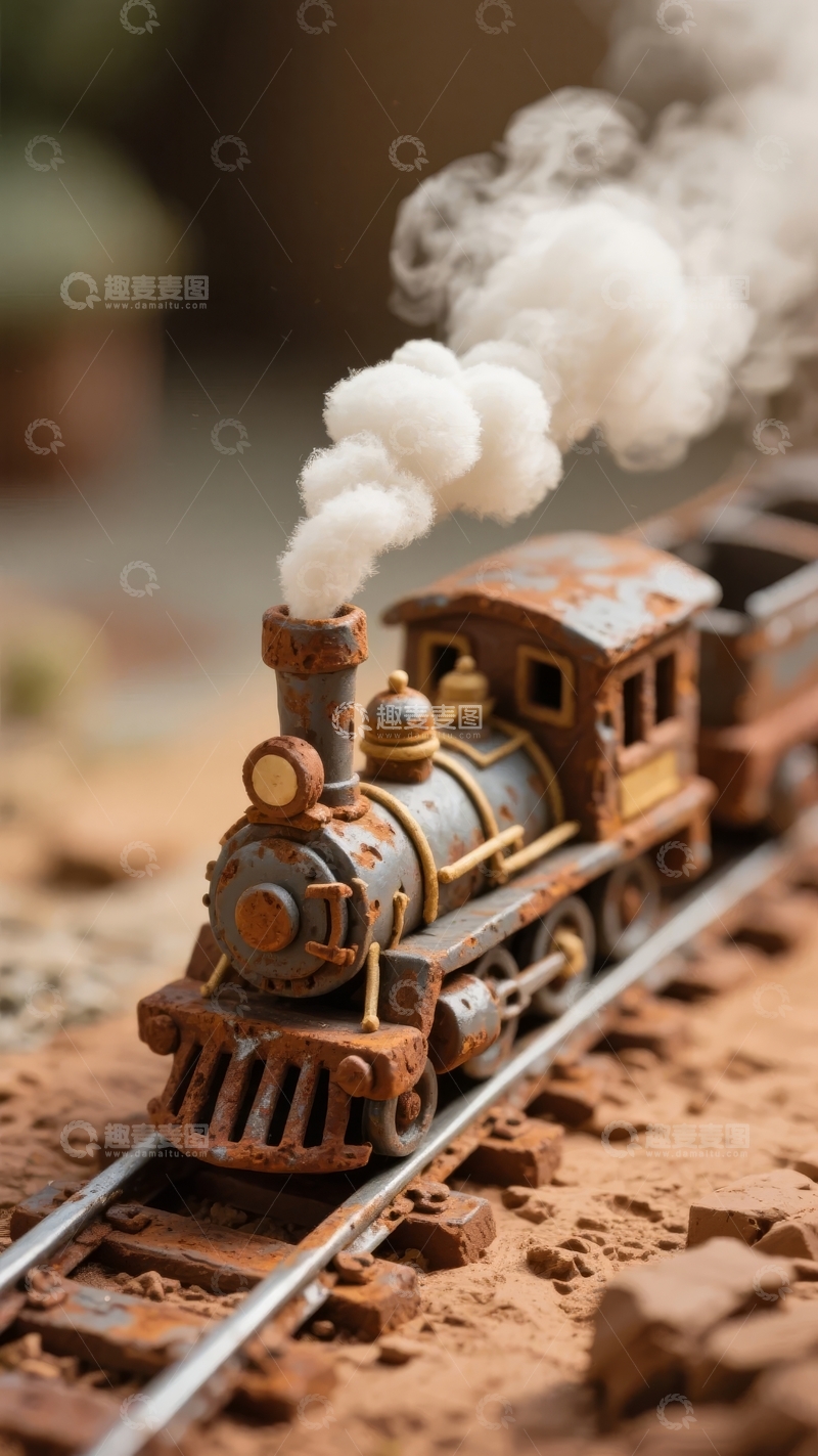 高清大图下载【趣麦麦图】-复古蒸汽火车模型喷出白色烟雾