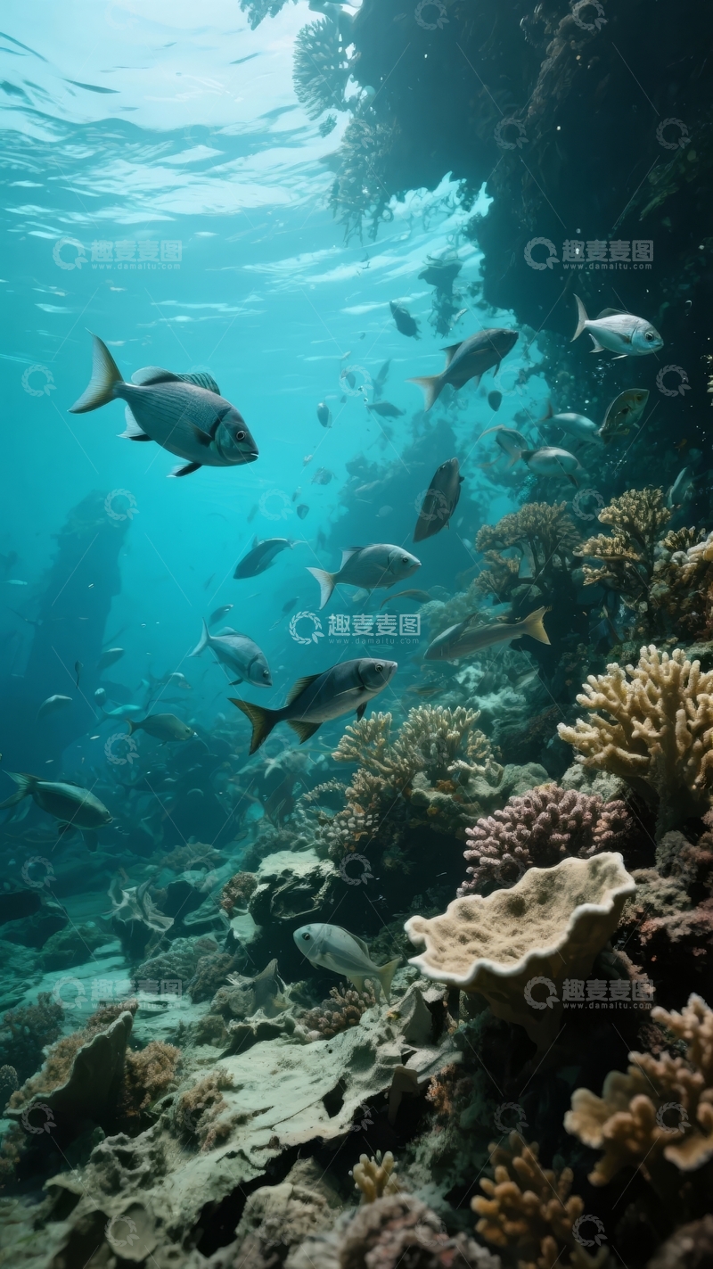 高清大图下载【趣麦麦图】水下珊瑚礁中游动的鱼群