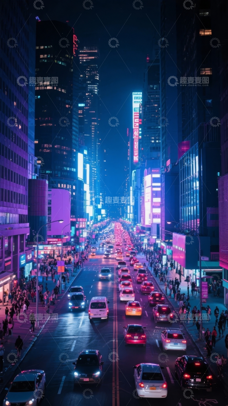 高清大图下载【趣麦麦图】夜晚都市街道车流穿梭高楼林立霓虹闪烁