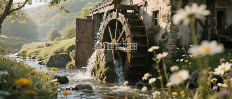 高清大图下载【趣麦麦图】古老水车旁溪流潺潺花丛点缀自然风光