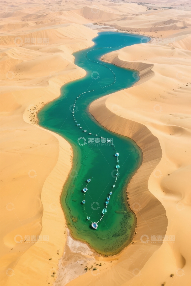 高清大图下载【趣麦麦图】沙漠中蜿蜒的碧绿河流与沙丘景观