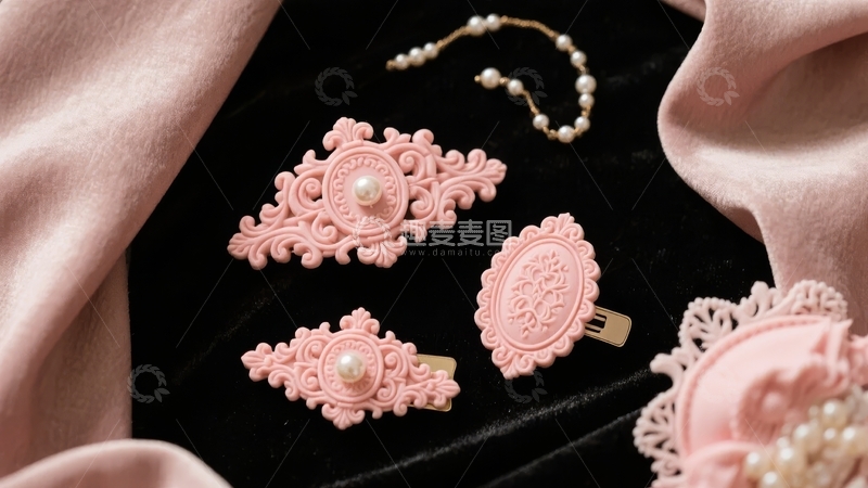 高清大图下载【趣麦麦图】粉色复古风格发饰与蕾丝装饰品展示