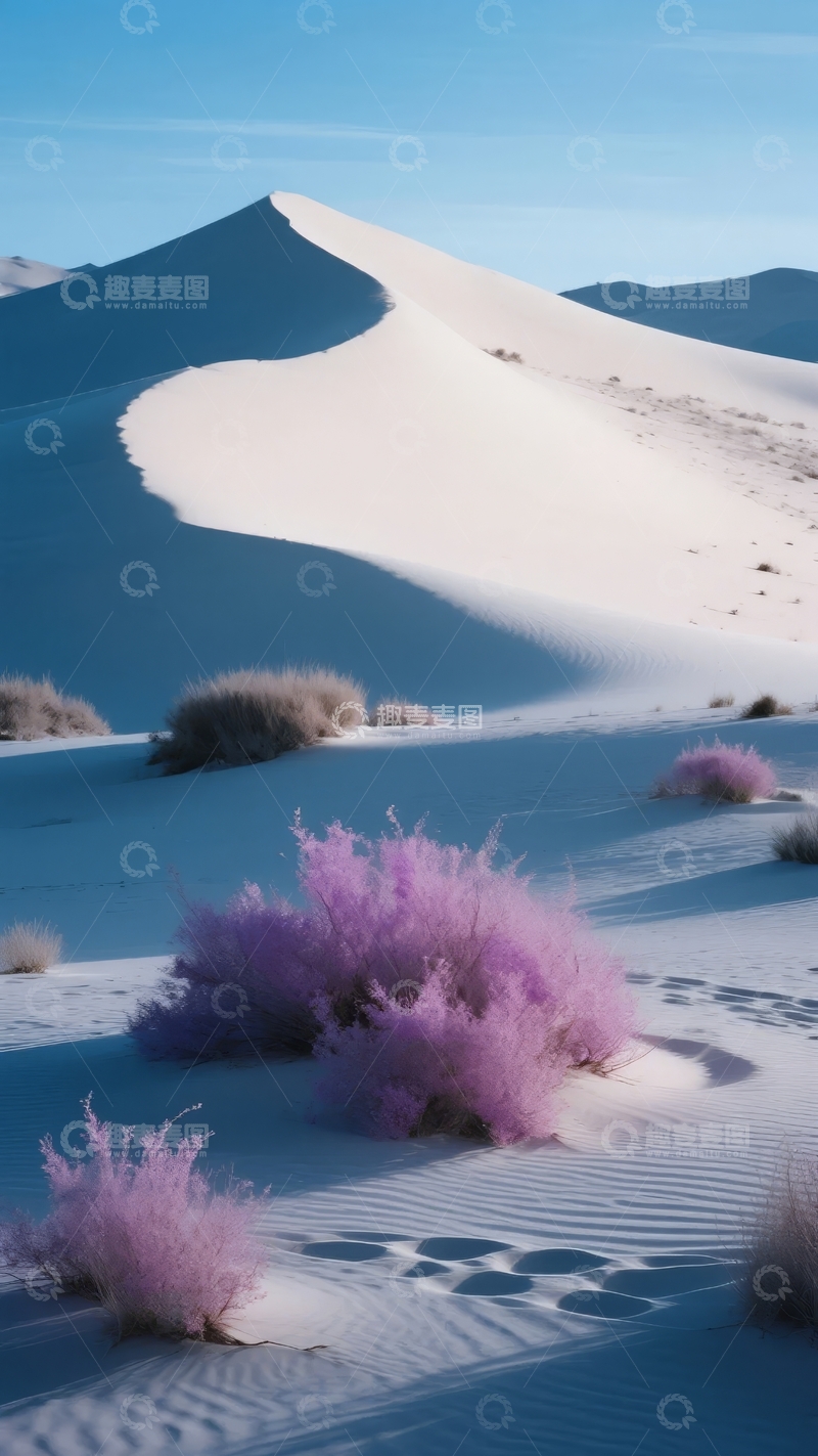 高清大图下载【趣麦麦图】沙漠沙丘与紫色灌木在蓝天下的静谧景象