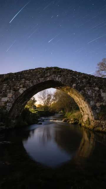 夜空流星划过石桥映在河面的宁静景象