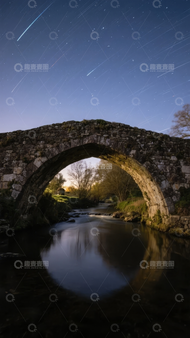 高清大图下载【趣麦麦图】夜空流星划过石桥映在河面的宁静景象