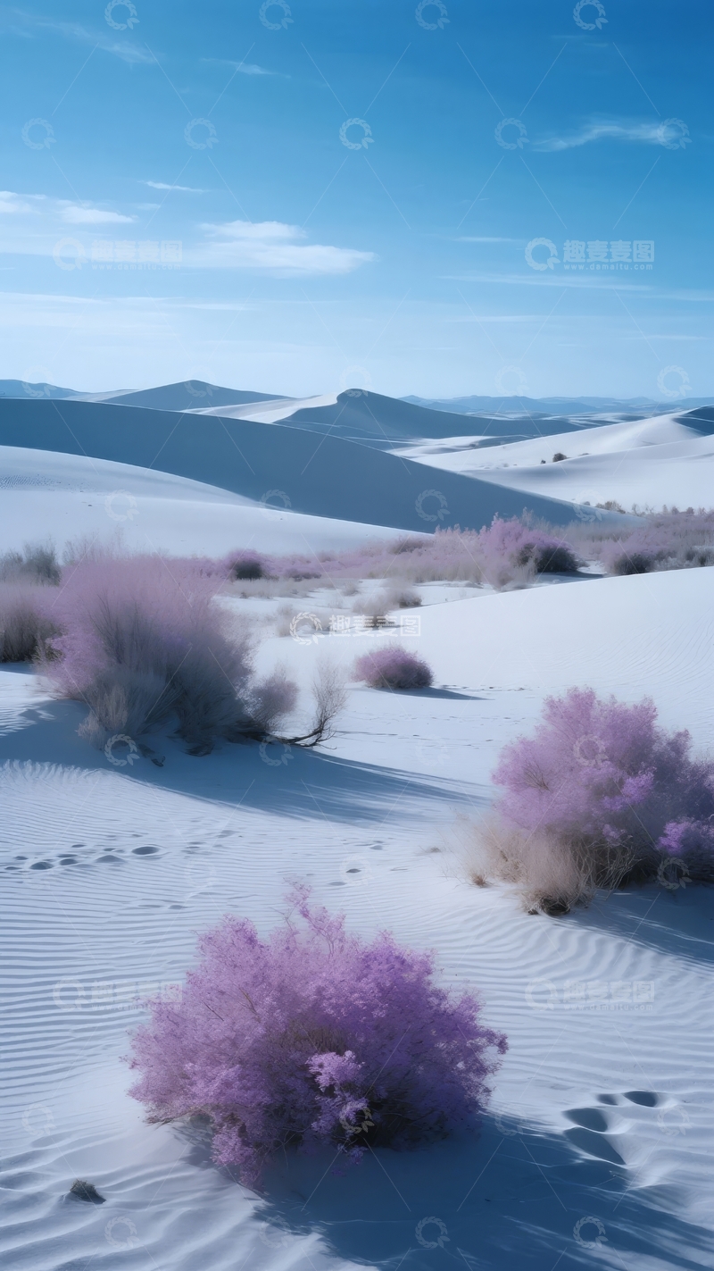 高清大图下载【趣麦麦图】沙漠中紫色灌木与白色沙丘的奇幻景象