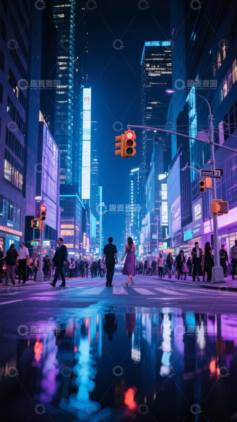 高清大图下载【趣麦麦图】夜晚都市街头霓虹灯下行人穿梭的景象