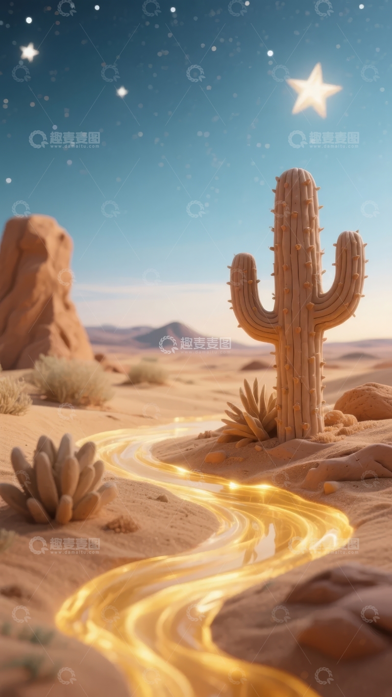 高清大图下载【趣麦麦图】沙漠夜景中仙人掌与发光小径的奇幻景象