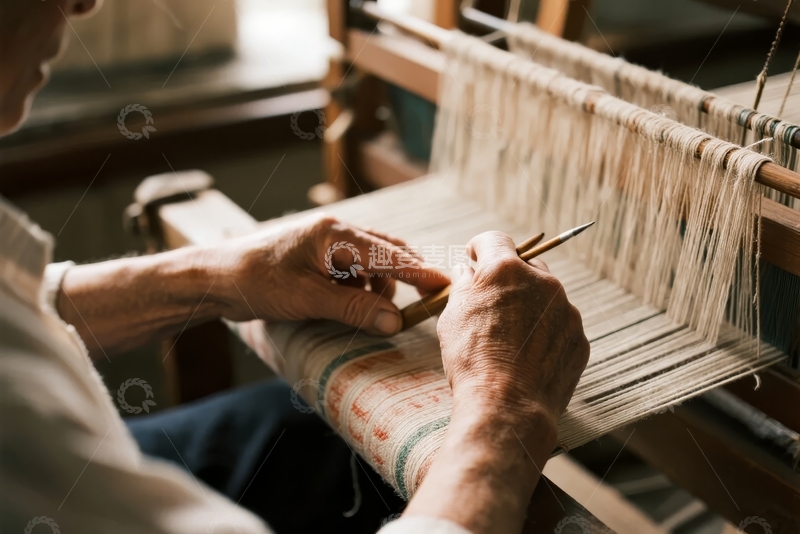 高清大图下载【趣麦麦图】老人在织布机上专注编织传统织物
