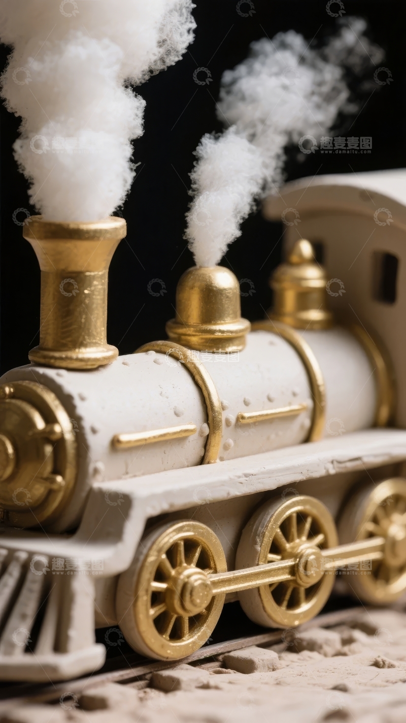 高清大图下载【趣麦麦图】复古蒸汽火车模型喷出白色烟雾