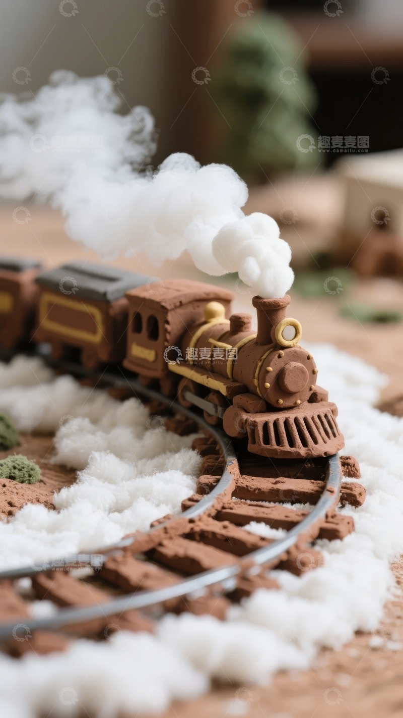 高清大图下载【趣麦麦图】蒸汽火车模型在轨道上行驶冒出白色烟雾