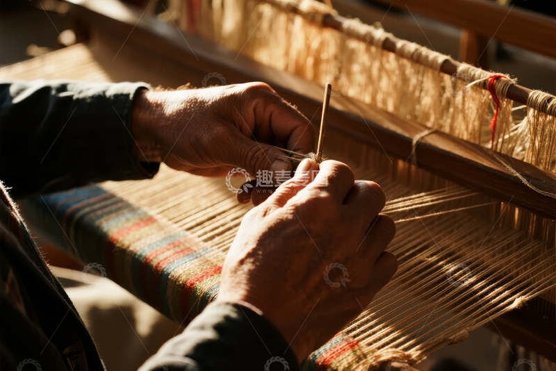 高清大图下载【趣麦麦图】工匠在织布机上手工编织彩色织物