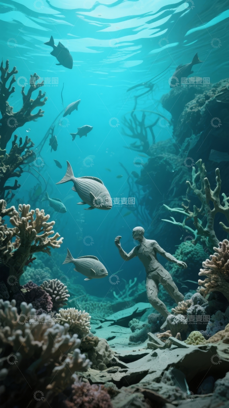 高清大图下载【趣麦麦图】水下珊瑚礁中游动的鱼群与雕塑人像
