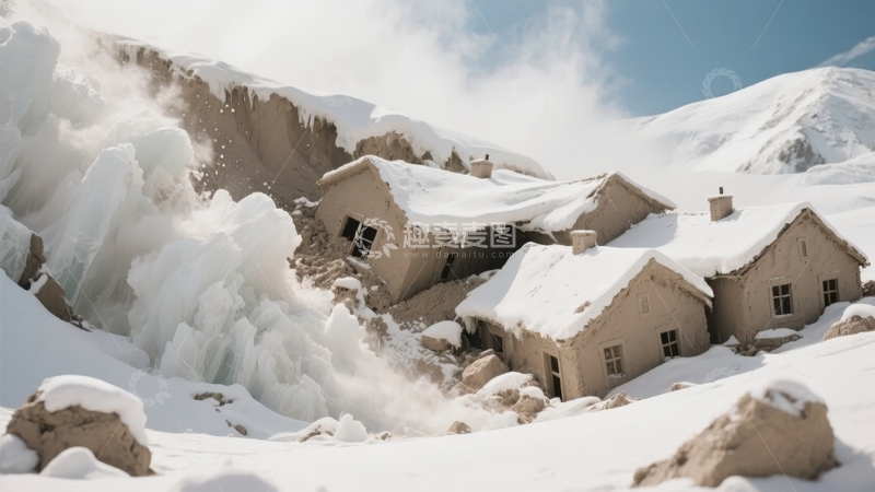 高清大图下载【趣麦麦图】雪山覆盖的房屋被积雪和冰柱包围