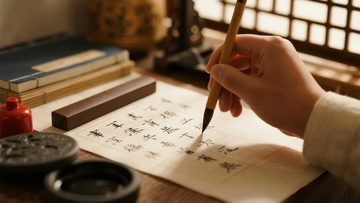 手握毛笔在宣纸上书写汉字