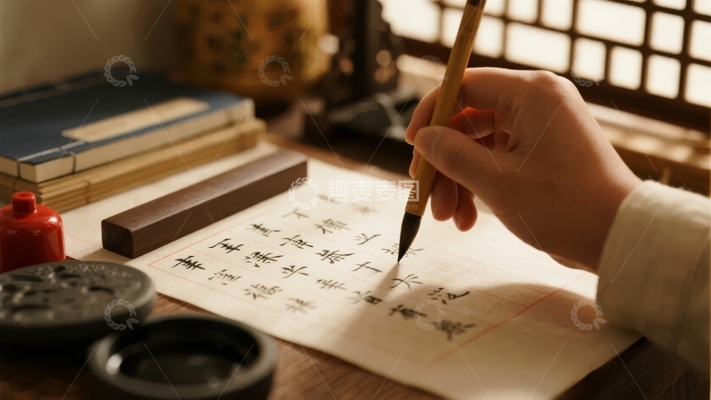 高清大图下载【趣麦麦图】手握毛笔在宣纸上书写汉字