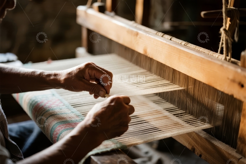 高清大图下载【趣麦麦图】工匠在木质织布机上手工编织彩色织物