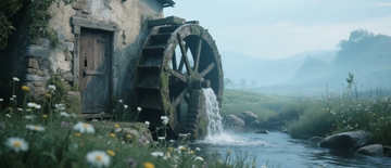 古老石屋旁的水车在溪流中转动