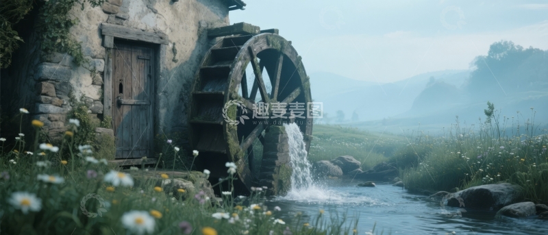 高清大图下载【趣麦麦图】古老石屋旁的水车在溪流中转动