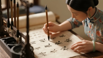 身着旗袍的女子正在书桌上用毛笔书写汉字