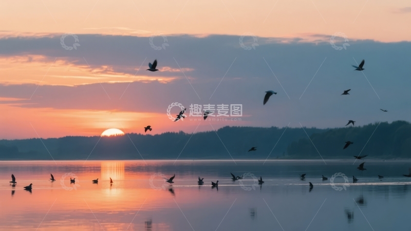 高清大图下载【趣麦麦图】日落时分飞鸟掠过湖面的宁静景象