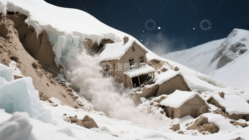 高清大图下载【趣麦麦图】雪山崩塌掩埋房屋