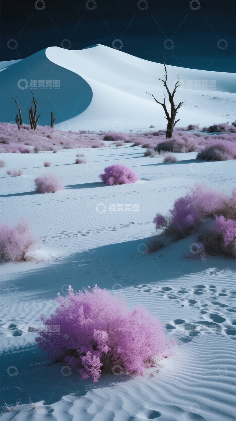 高清大图下载【趣麦麦图】梦幻沙漠景观雪白沙丘与粉紫植被交织